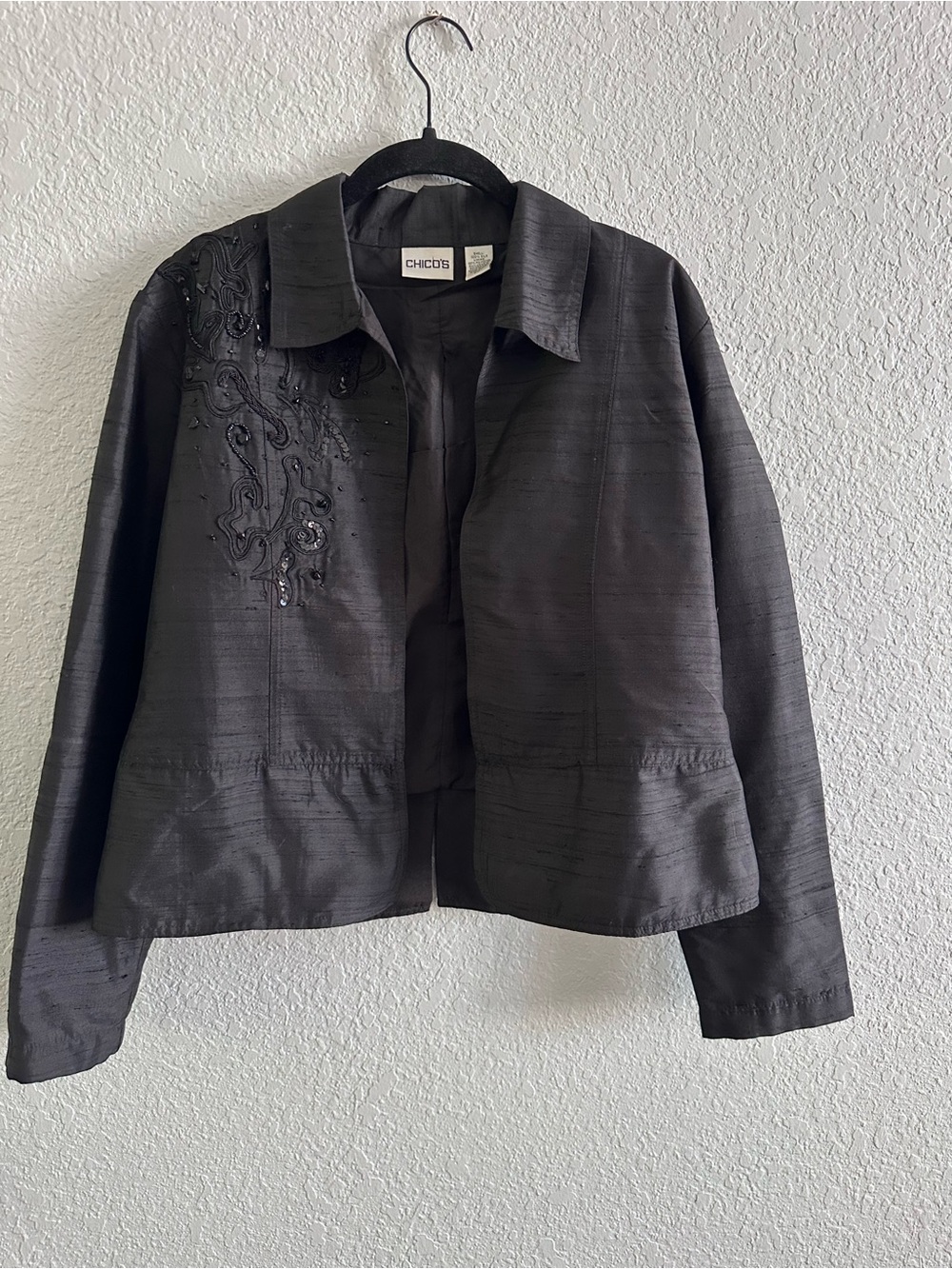 Chico’s Silk Beaded Embroidered‎ Evening Jacket Black Open Front Blazer Size 1